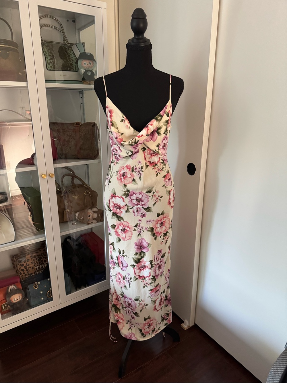 Jlux label Floral Cowl Neck Slip Dress in Cream and Pink